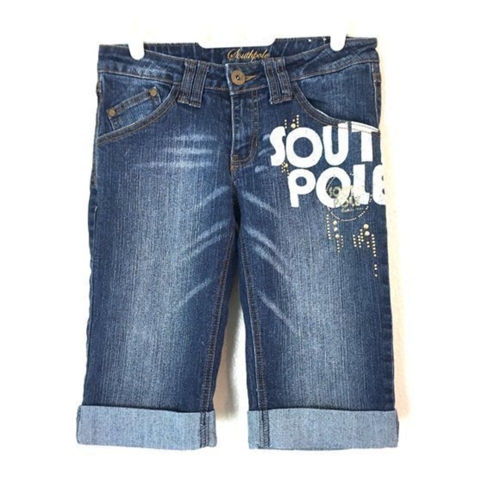 Vintage Y2K Southpole Denim Shorts Spell Out Logo Size 3 Juniors Women's 27x7